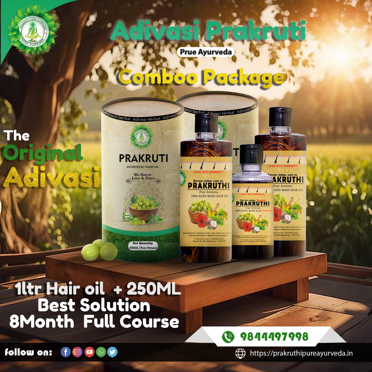 🔺1000ML HAIR OIL, 250ML SHAMPOO Adivasi Prakruthi Pure Ayurveda ( Long hair Growth hair and white hair 8 Month full corse package 📦 )