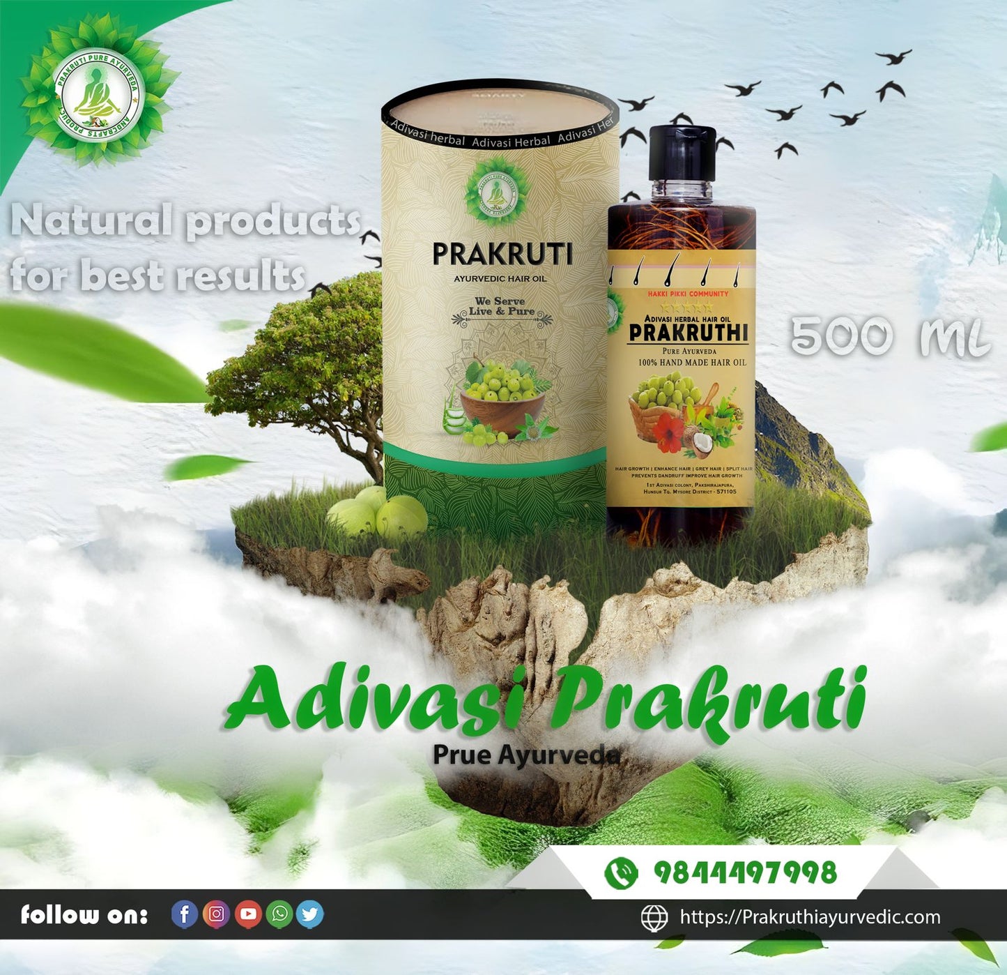 🔻500ML Adivasi Prakruthi Pure Ayurveda hair oil( Long hair Growth hair and white hair 4 Month corse package )