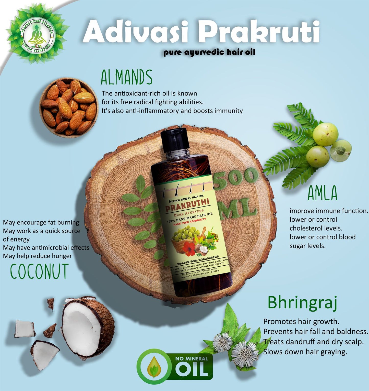 🔻500ML Adivasi Prakruthi Pure Ayurveda hair oil( Long hair Growth hair and white hair 4 Month corse package )