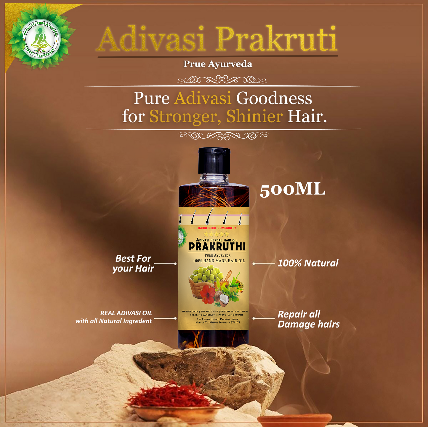 🔻500ML Adivasi Prakruthi Pure Ayurveda hair oil( Long hair Growth hair and white hair 4 Month corse package )