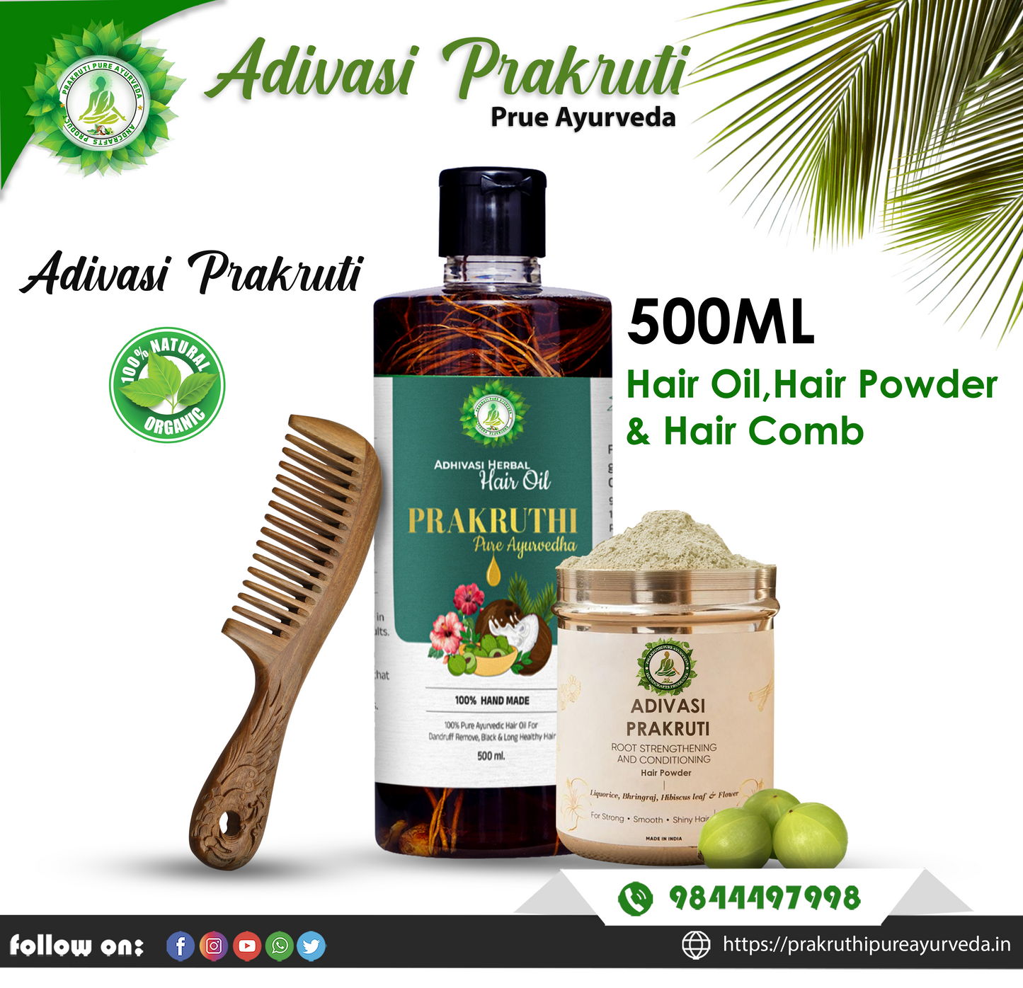 500ml Adivasi Prakruthi  Hair Oil +200g  Hair Powder +1 Wooden Hair Liner