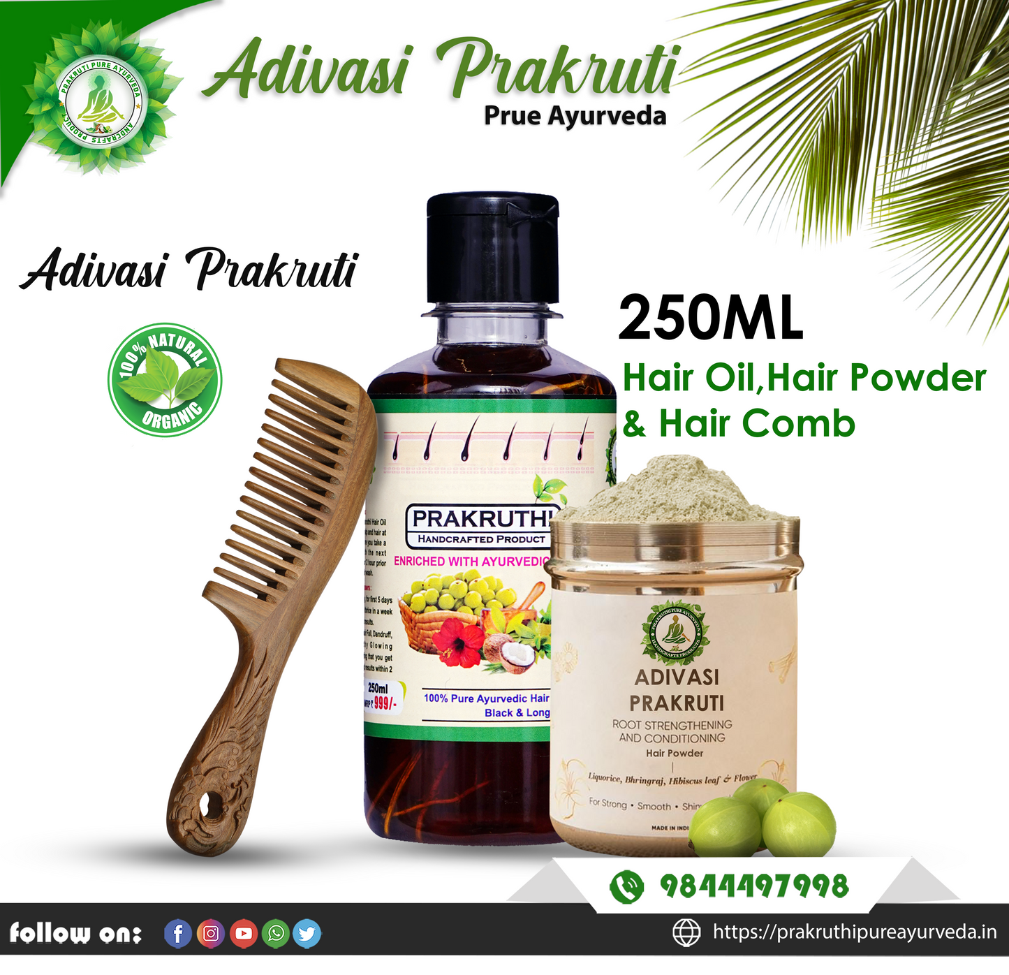 250ml Adivasi Prakruthi  Hair Oil +100g  Hair Powder +1 Wooden Hair Liner